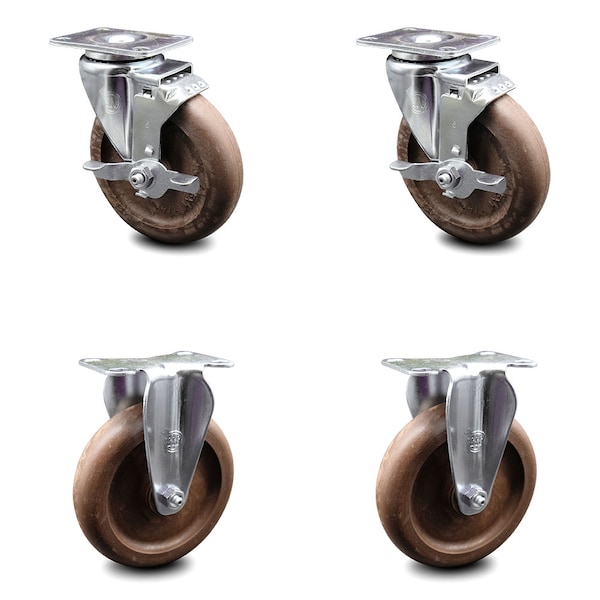 5 Inch High Temp Glass Filled Nylon Top Plate Caster Set with 2 Brakes 2 Rigid